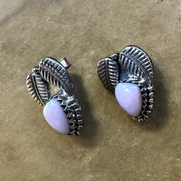 Sterling Silver Leaf & Pink Opal Post Earrings - Picture 8 of 12